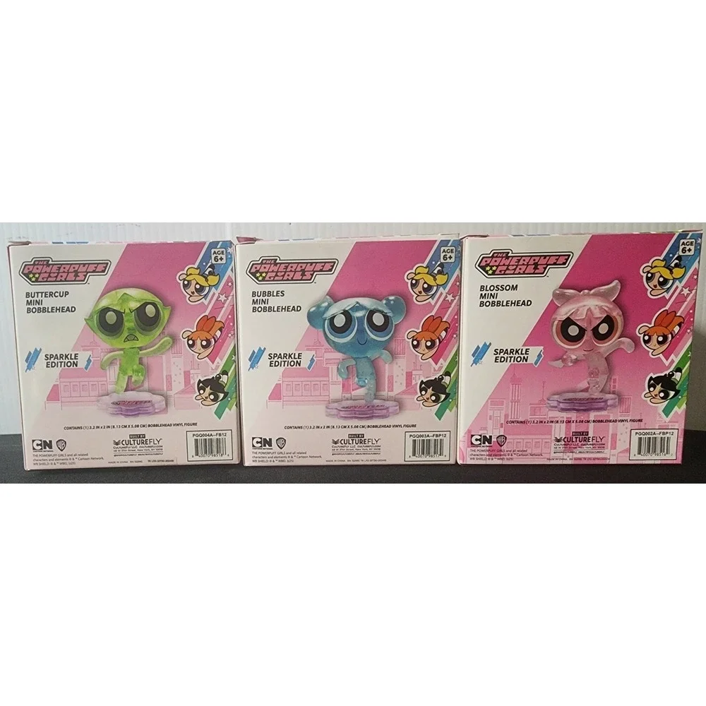 CultureFly Powerpuff Girls Blossom Buttercup Bubbles Glitter Bobble Head Figures